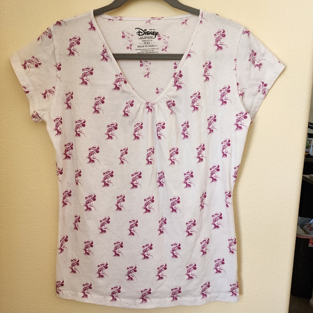 Women's Disney Sparkle Minnie Mouse V-Neck Shirt Purple White Size XXL Cotton